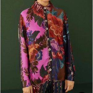 Flower Scarves Button Up Shirt - Size M